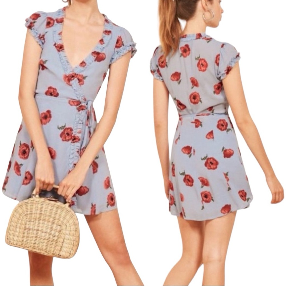 Reformation Blue Poppy Floral Mini Wrap Dress  Size Medium
